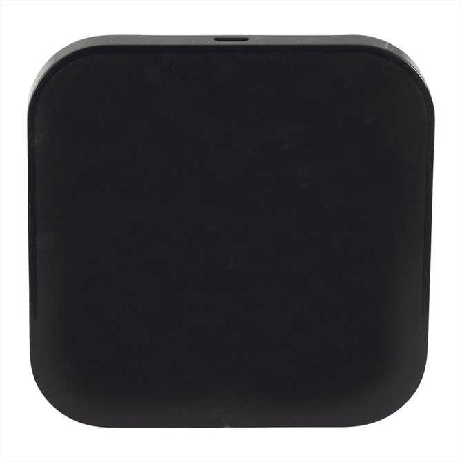 A black wireless charging pad with dual outputs, featuring a smooth, square design and a logo.