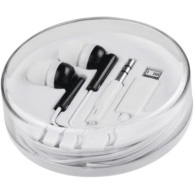 A circular container holding white wired earbuds with multiple tips, a connector, and a small accessory.