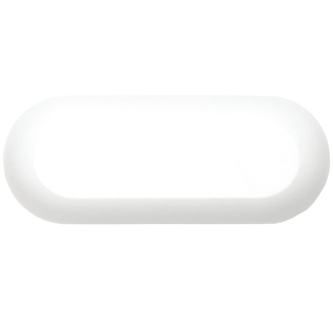A pair of white earbuds in a sleek, elongated charging case. The case features a simple design and has a logo.