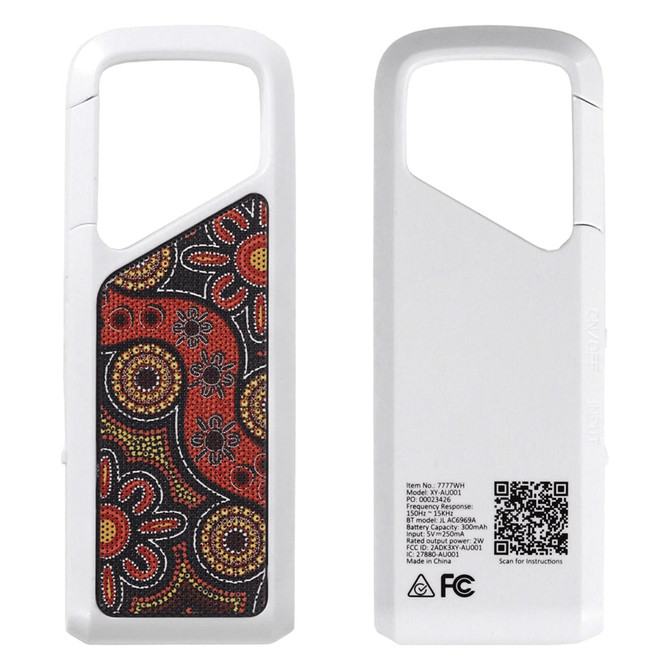 A Bluetooth speaker with a white casing featuring an intricate, colourful Aboriginal-inspired design on one side.