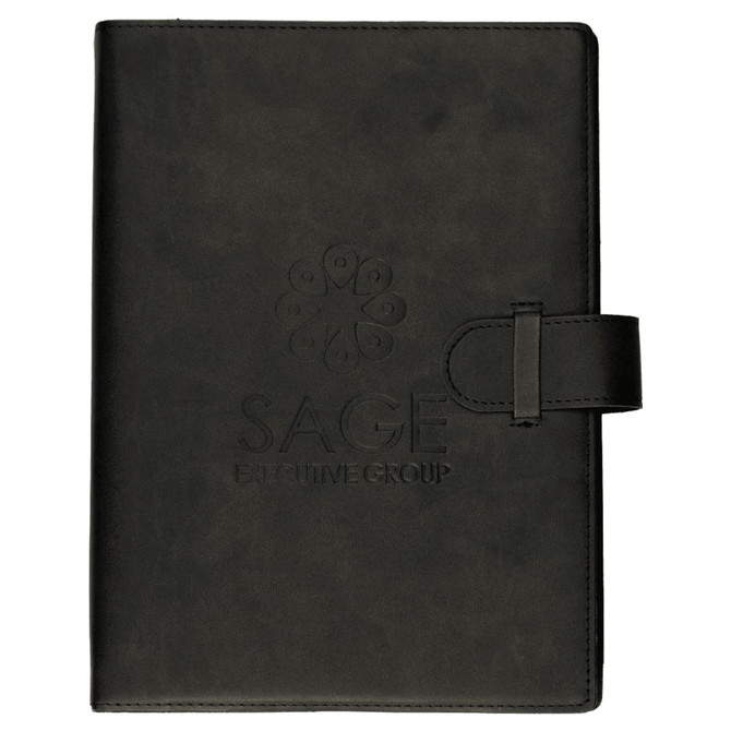 A black journal with a clasp closure, featuring a textured cover and a logo embossed on the front.