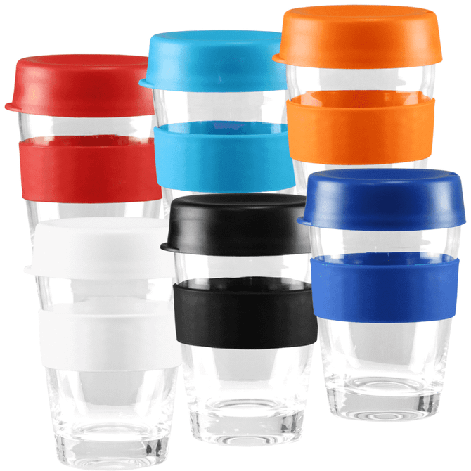 A drink bottle set featuring reusable coffee cups in red, blue, orange, black, and white with silicone lids and sleeves.