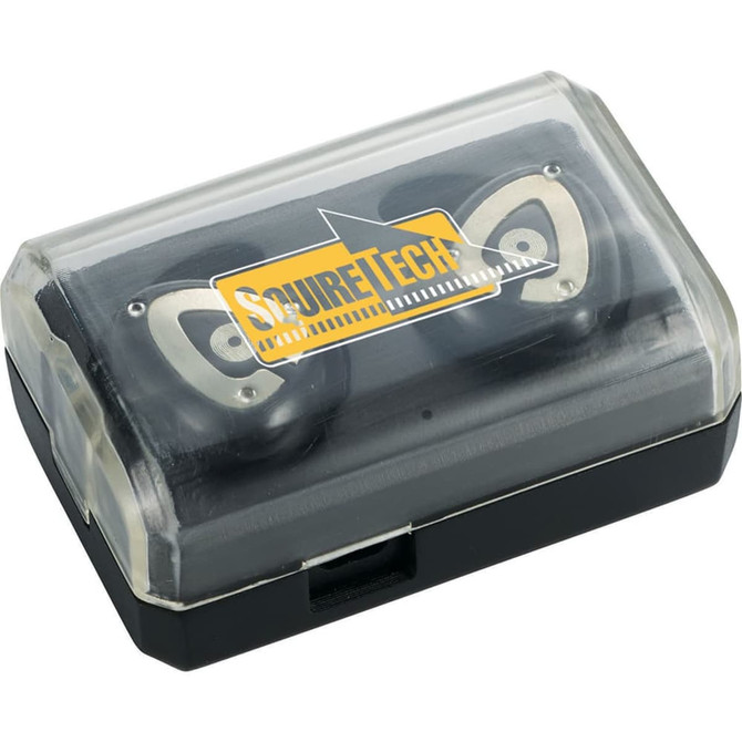 A pair of true wireless Bluetooth earbuds in a transparent case, featuring a logo on the surface. The earbuds are black and silver.