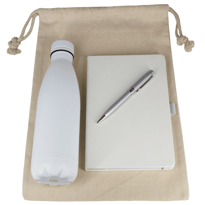 A drink bottle, beige cotton drawstring bag, white journal, and silver pen. The set has a logo on the bag.