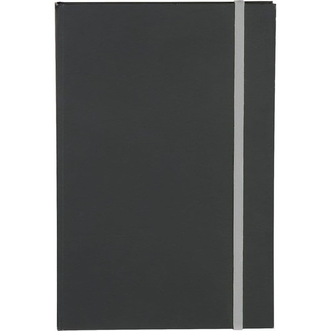A dark grey journal with a grey elastic band, featuring a simple design and a logo on the cover.