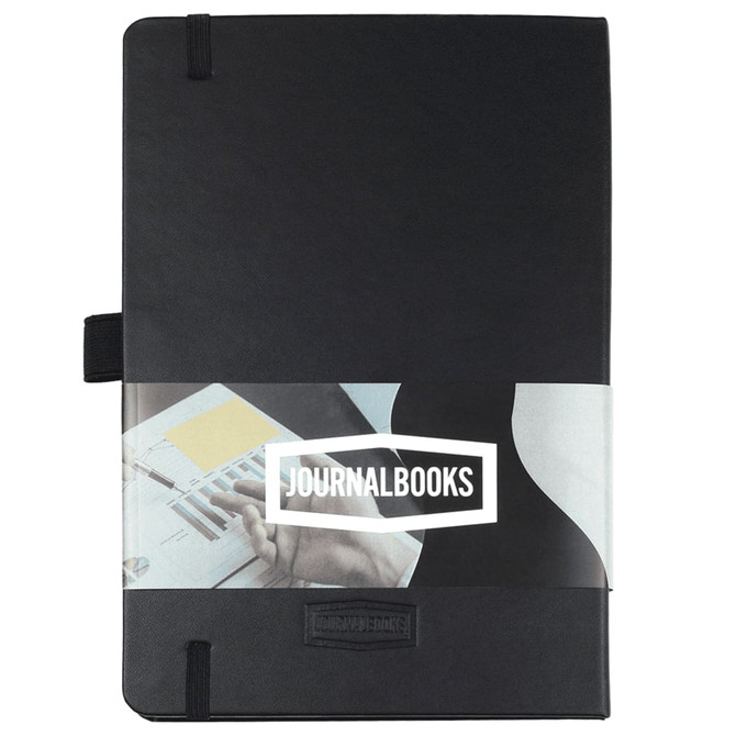 A black Nova Bound JournalBook with blank pages and a logo, featuring a sleek design and elastic closure.