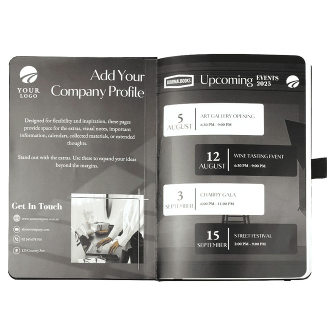A blank page journal with a black cover and a ribbon bookmark, featuring event listings and a logo.