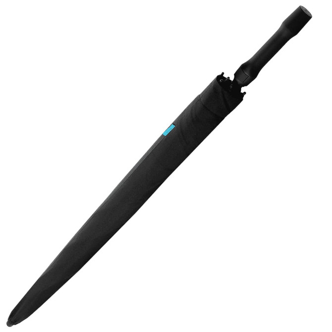 A black square automatic umbrella with a sleek handle and a compact design, featuring a branding logo.