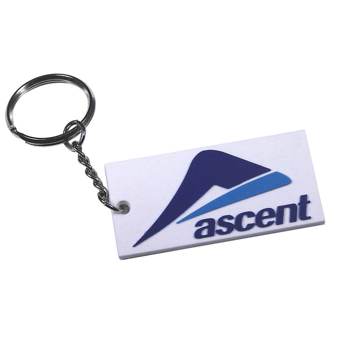 A custom PVC keyring in white featuring a logo with blue accents and a silver keychain.