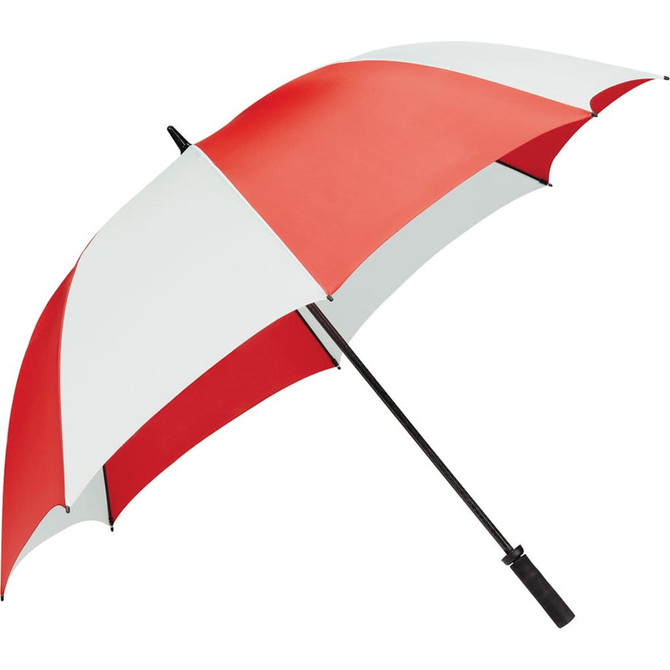 A red and white golf umbrella with a black handle and a logo. Perfect for protection against rain or sun.