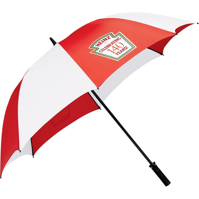 A red and white golf umbrella with a logo on it, featuring a curved handle and a wide canopy.