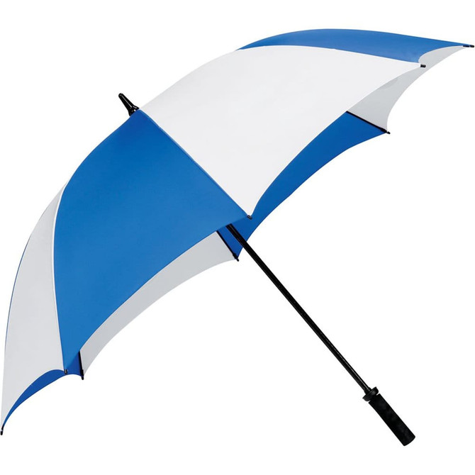 A golf umbrella featuring a blue and white design, with a sturdy handle and a logo.