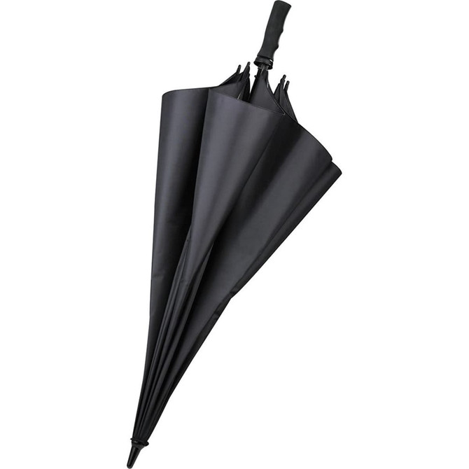 A black golf umbrella with a curved handle and a streamlined design, featuring a logo on the fabric.