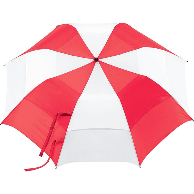 A vented folding umbrella featuring red and white panels and a small logo.