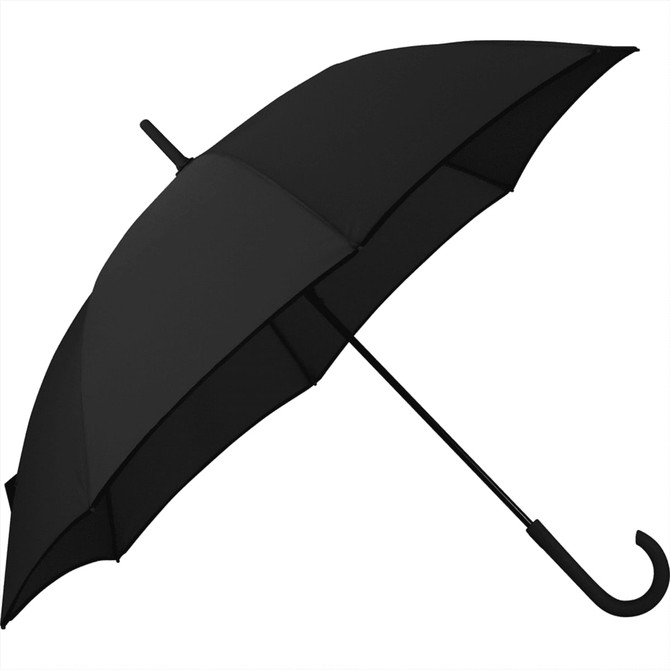 A black auto open umbrella with a curved handle and a sleek design, featuring a simple logo on the canopy.