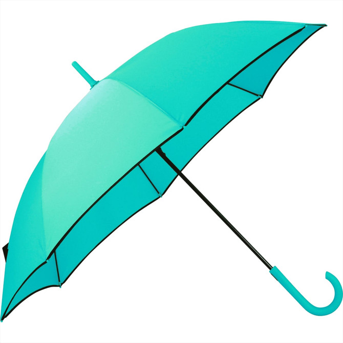 A turquoise auto open fashion umbrella with a contrasting black trim and a curved handle.