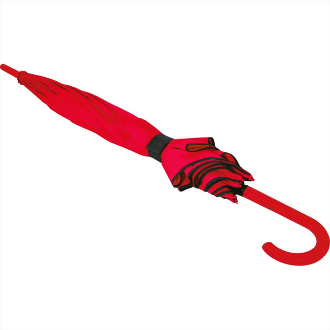 A red auto open fashion umbrella with a curved handle and a black band around the top.