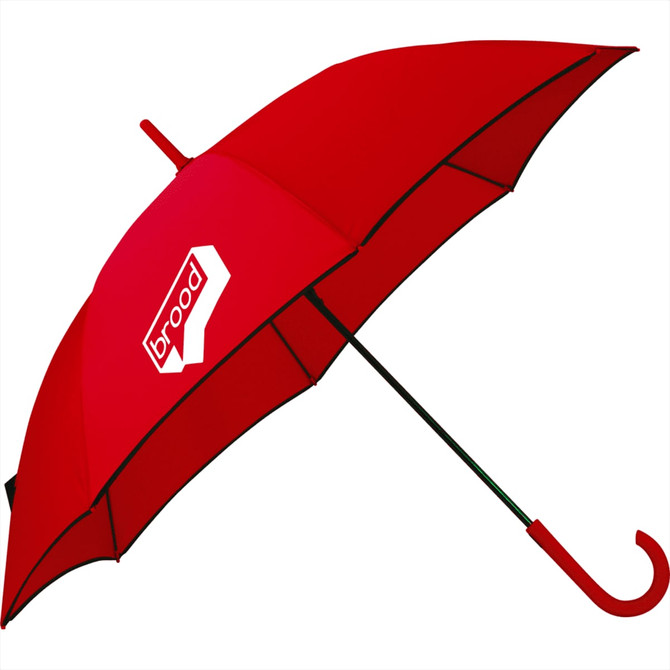 A red fashion umbrella with a curved handle, featuring a logo on the canopy.