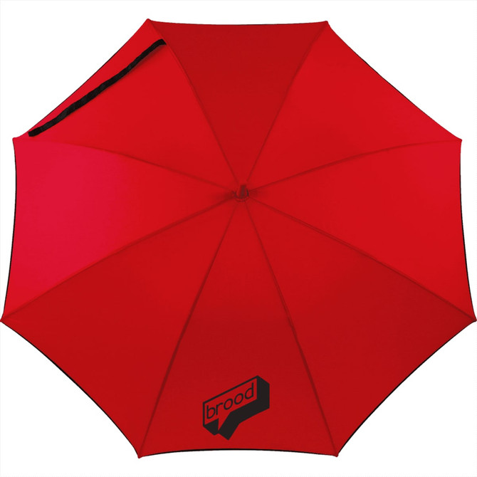 A red auto-open umbrella featuring a logo, designed for leisure and outdoor use.