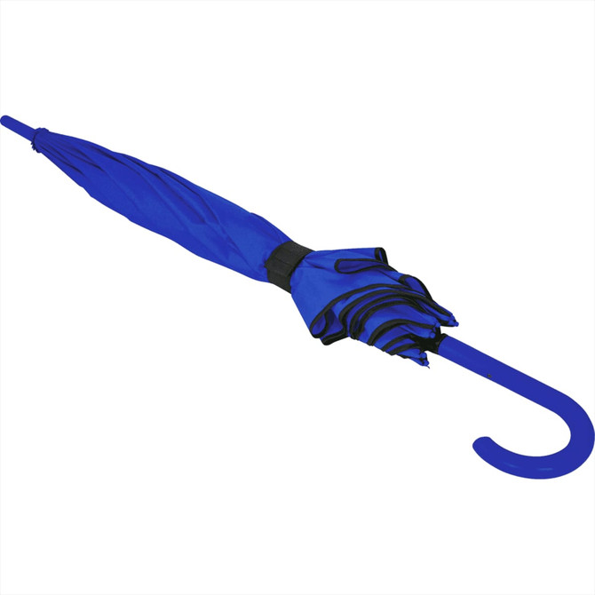 A blue auto open umbrella with a curved handle and black accents, featuring a logo.