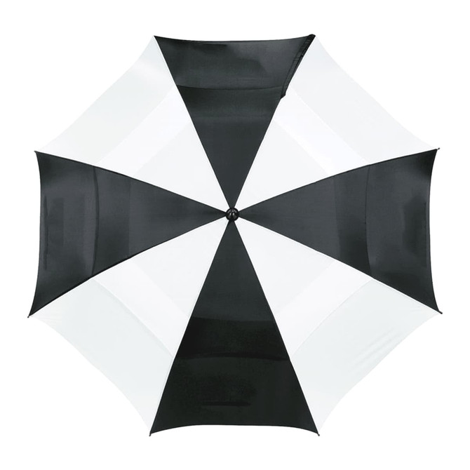A black and white vented golf umbrella featuring a simple geometric design and a central button.
