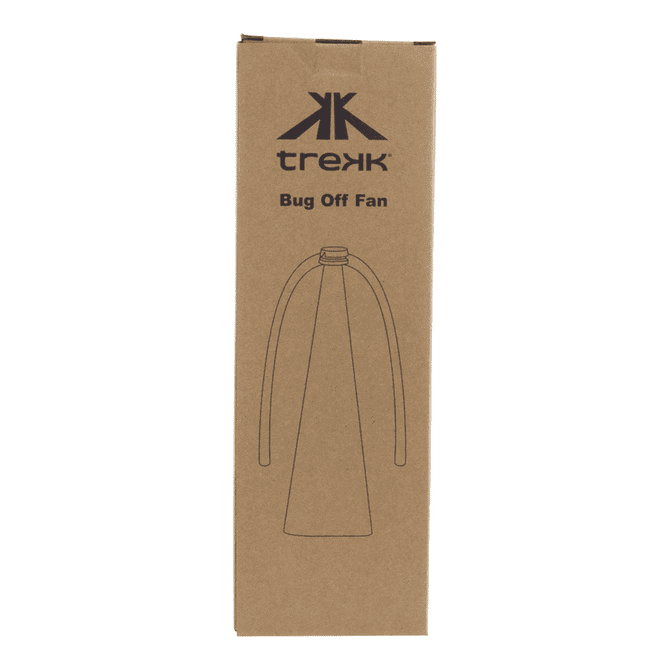 A portable fan in a cardboard box with a simple design. The product has a logo on the packaging.
