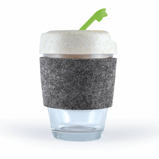 A reusable coffee cup with a white lid, grey RPET band, and green straw. Transparent body for visibility.