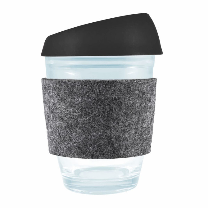 A reusable coffee cup featuring a clear design, a black silicone lid, and a gray RPET band for grip.