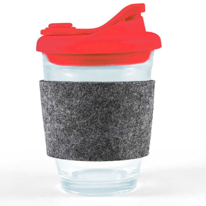 A Vienna coffee cup with a snap lid and a dark grey RPET band. The cup features a clear body and a bright red lid.