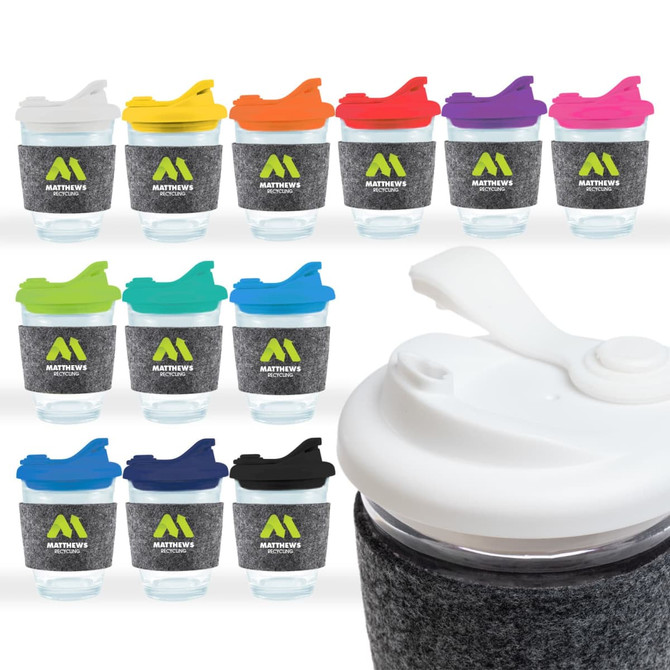A collection of reusable coffee cups featuring snap lids in various colors, with a grey RPET band and branding.