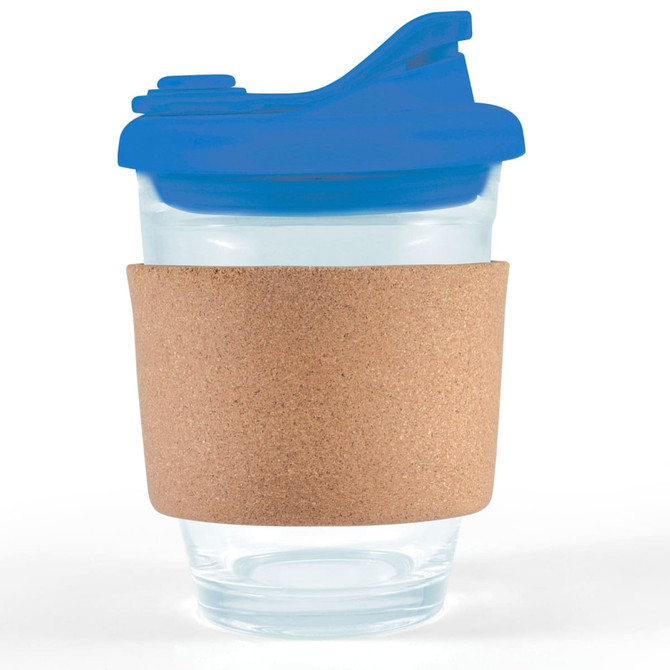 A reusable coffee cup featuring a clear body, blue snap lid, and a cork band for insulation.