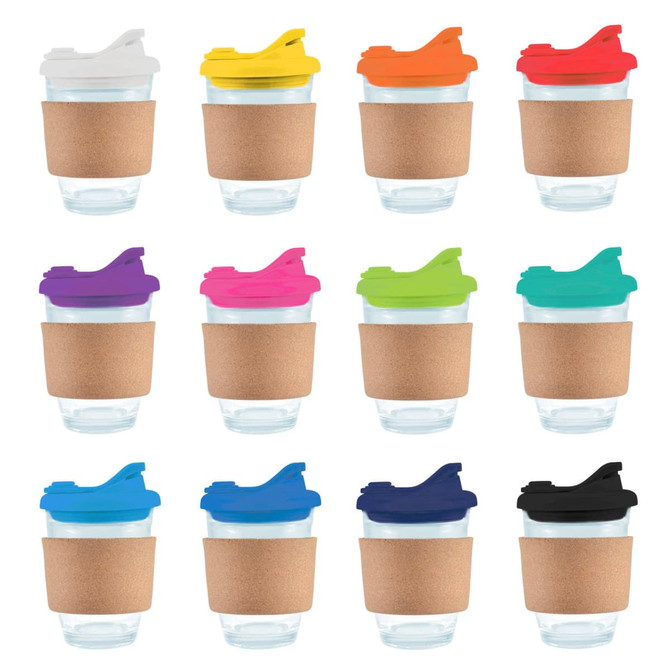 A collection of reusable coffee cups with cork bands and snap lids in various colors including white, orange, purple, and green.