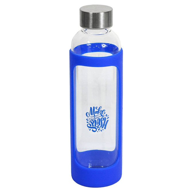 A drink bottle made of glass with a blue silicone cover, featuring a stainless steel cap and a logo.