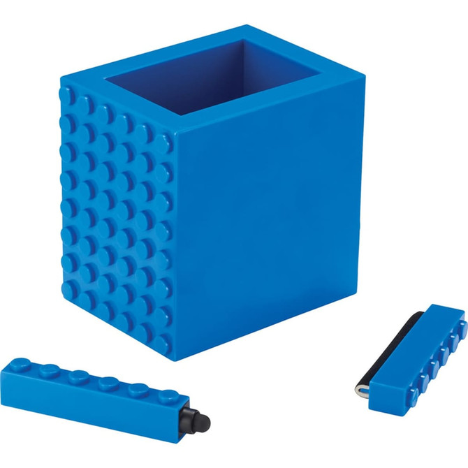 A blue pen pot designed with a block pattern, featuring two detachable pieces that resemble building blocks.