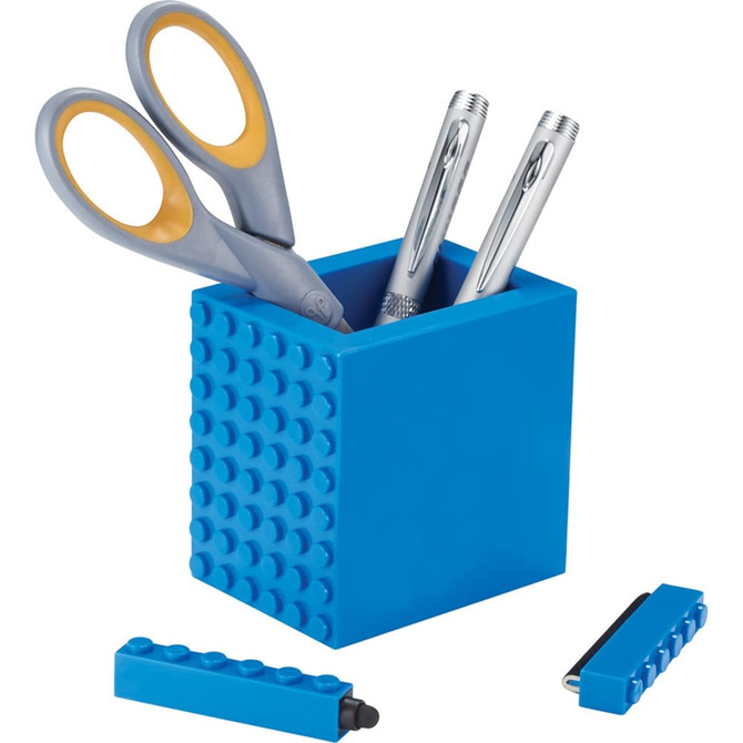 A blue 3-in-1 pen pot containing scissors and silver pens, with additional blue accessories nearby.