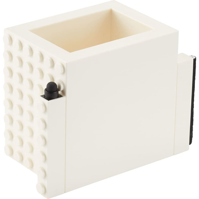 A white pen pot with a block design, featuring a black pen holder on the side.
