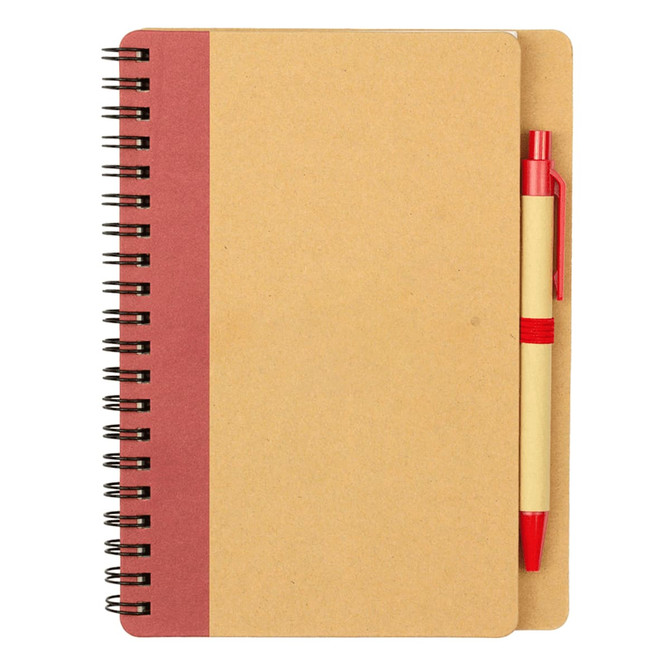 A brown notebook with a red spine and a matching red ballpoint pen attached. The notebook features spiral binding.