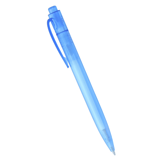 A blue ballpoint pen made from ocean-bound plastic, featuring a clear design and a clip for convenience.