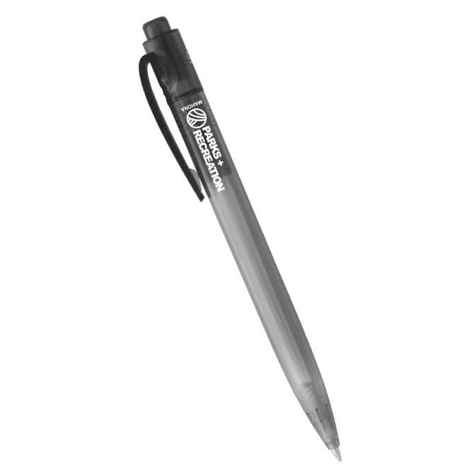 A plastic ballpoint pen in grey with a clip and a branding logo on the barrel.