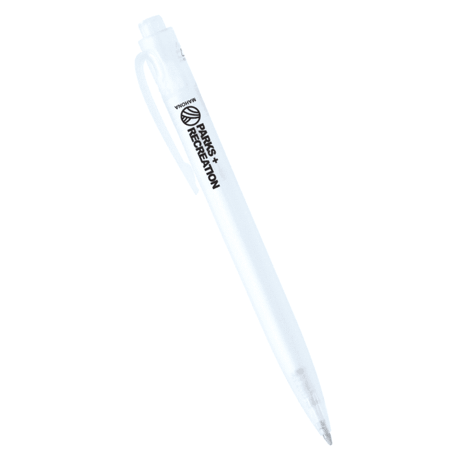 A clear plastic ballpoint pen with a visible logo, featuring a white barrel and a lightweight design.