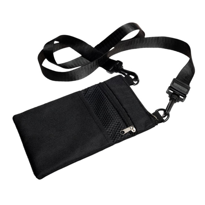 A black neck pouch featuring a large compartment and a mesh pocket, complete with a detachable strap for easy carrying.