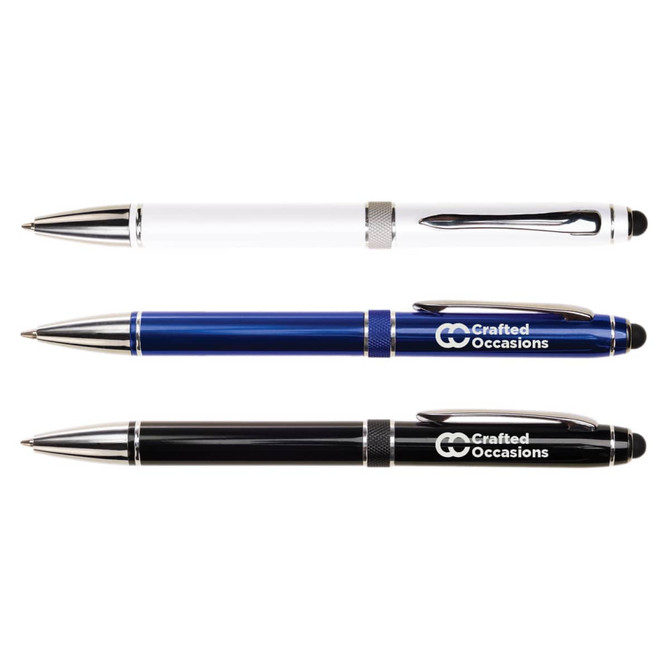 A set of three Columbia Aluminium Pens in white, blue, and black, featuring silver accents and logos.