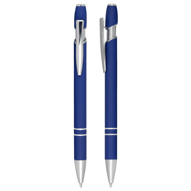 A blue ballpoint pen with a silver clip and accents, featuring a smooth click action mechanism.