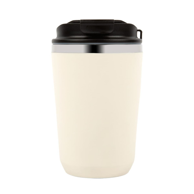 A double wall coffee cup in cream with a black lid and a silver accent. Features a logo on the side.