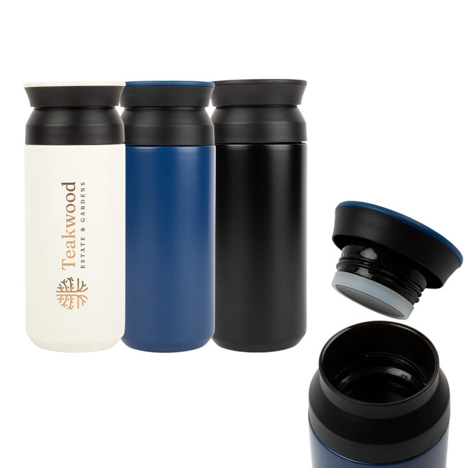 A double wall coffee cup with a black lid, available in white, blue, and black, featuring a logo on one side.