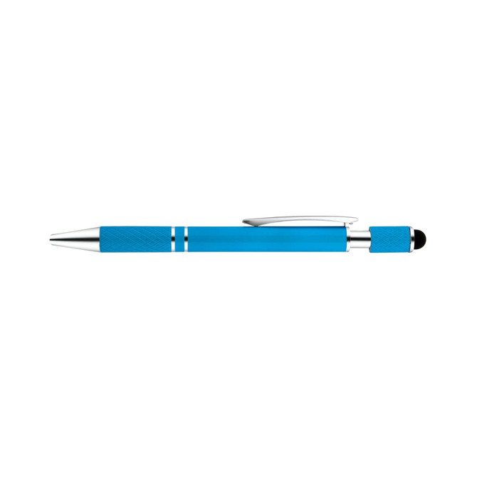 A blue spinner pen with a silver trim and a stylus tip. The pen features a sleek design and a branded logo.