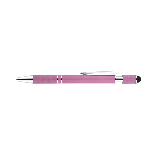 A pink spinner pen with a textured grip and metallic accents. It features a clip and a stylus tip.