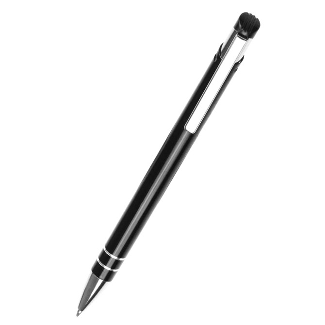 A sleek black ballpoint pen featuring a silver clip and accents, with a textured grip at the top.