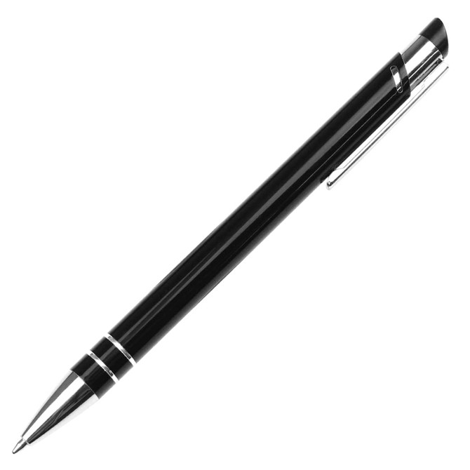A black ballpoint pen with chrome accents and a sleek design, featuring a pocket clip and branding.