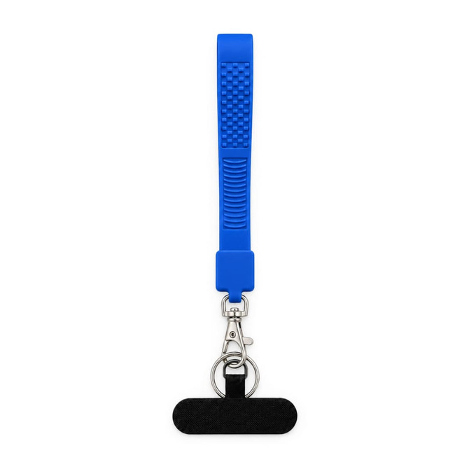 A blue wrist tactile phone holder keytag with a textured grip and a metal clip for attachment.